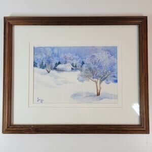 Vintage Winter Scene Painting 15.5" Framed Watercolor Inge Signed